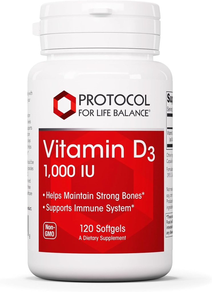 PROTOCOLE POUR LA BALANCE VIE Vitamine D3 1 000 UI - Soutien immunitaire Bons et dents forts - 120 Softgels