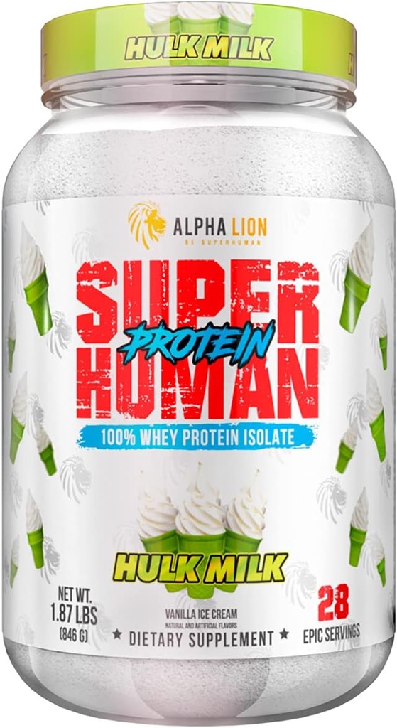 ALPHA LION poudre de protéines de lactosérum surhumaine, grande dégustation de protéines de lactosérum pur, faible teneur en glucides, faible teneur en sucre, absence de bouffée après l'entraînement, récupération musculaire et croissance (28 portions, lait de Hulk)