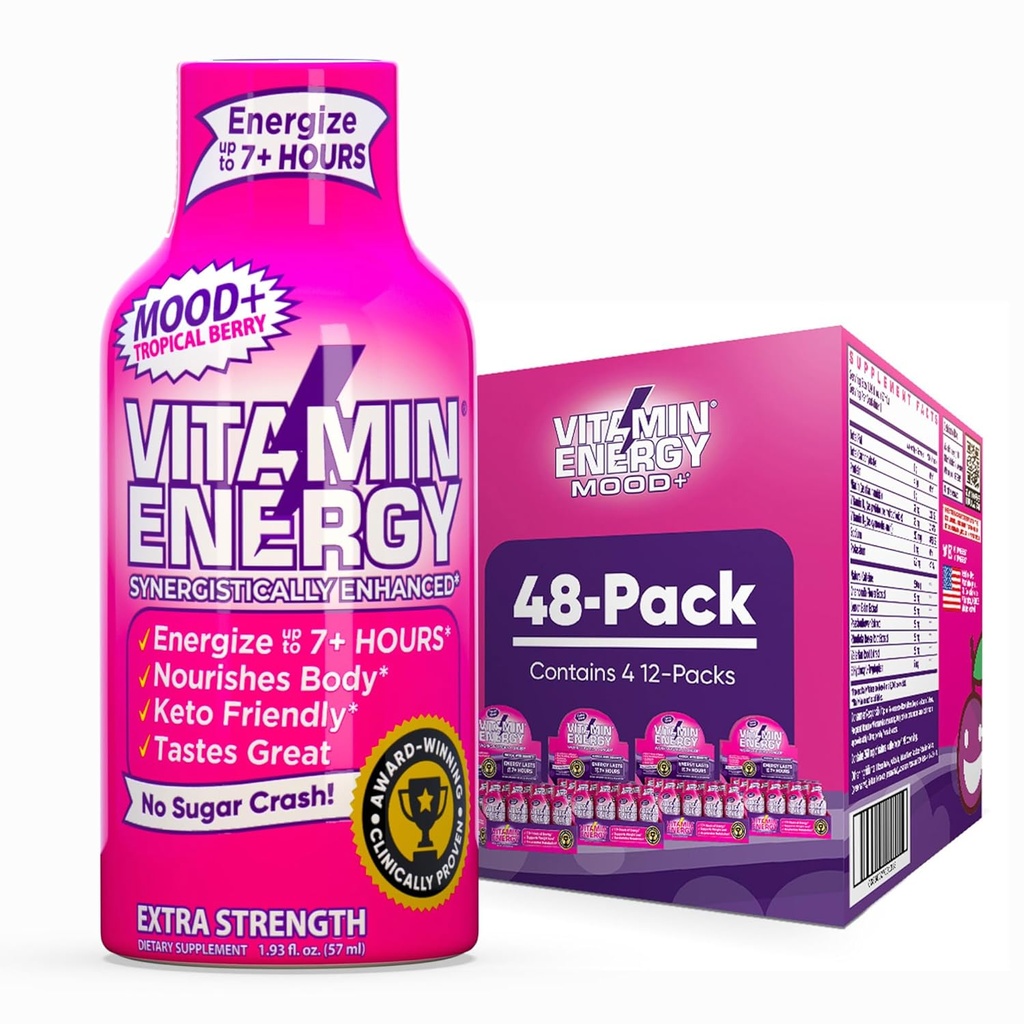 Vitamine Energy Mood+ Extra Strength Energy Shot Tropical Berry 48 Pack, 260mg Caféine naturelle, B-Vitamines, Rhodiola, Camomille, Mood & Energy Support, Zéro Sucre, Sans gluten, Vegan, 1.93 fl oz