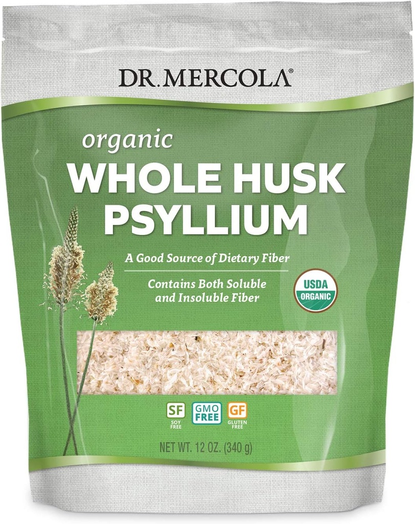 Dr Mercola Organic Husk Psyllium Dietary Supplement, 68 portions (12 onces), bonne source de fibre alimentaire, soutient la santé digestive, non OGM, sans gluten, sans soja, bio USDA