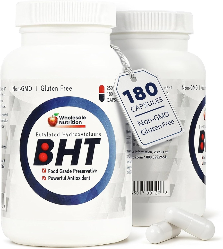 Grossiste Nutrition BHT Supplément Capsules - 250mg Potent Antioxydant - Non-OGM, sans gluten - Améliorer la préservation de l'huile/fat - Hydroxytoluène pur butylé pour les aliments/huiles - 180 capsules