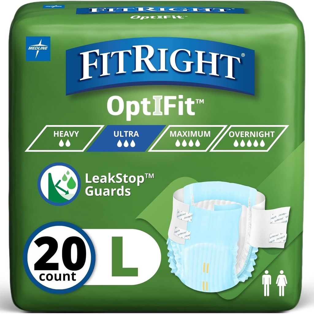 Couches pour adultes FitRight, Absorbance ultra lourde, L (taille de la main 44in-56in), 20 Count, Slips d'incontinence OptiFit pour hommes et femmes, jetable, hydratant, protection contre les fuites,
