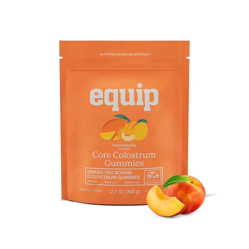 Equip Foods Core Bovine Colostrum Gummies, Delicious 1g Per Seving Grass Fed Colostrum Supplement - Gut Health, Immunity, Recovery, Hair & Skin - 60 Bovine Colostrum Gummies, 30 Servings, Peach Mango