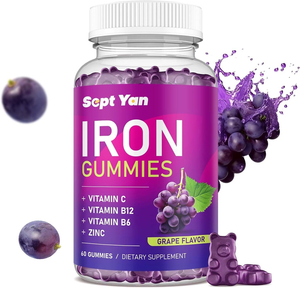 Gommies de fer pour les femmes et les enfants - avec la vitamine C, B12, B6, Zinc - Constructeur de sang et énergie - Supplément de fer Gommies Support pour Constructeur de sang, Anémie - 60 Végétaux de raisin