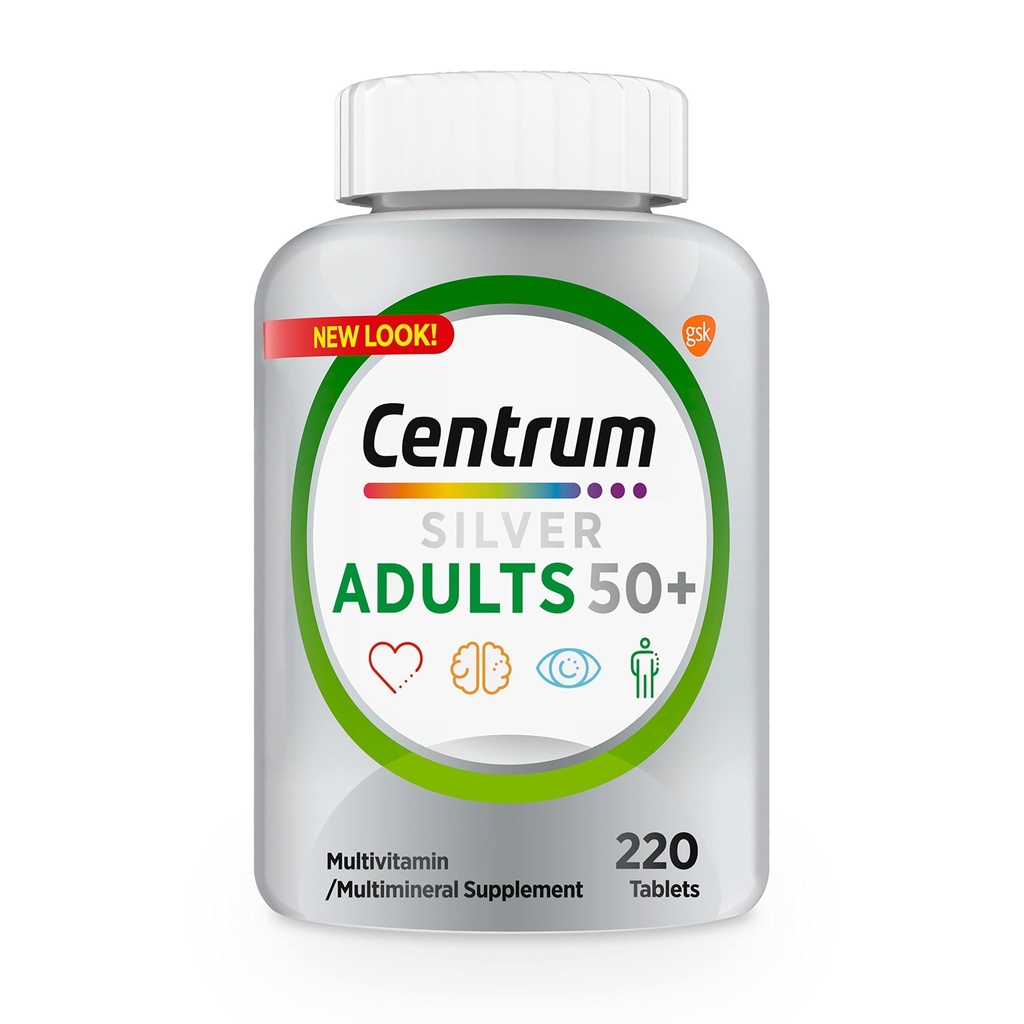 Multivitamine d'argent centrum pour adultes 50 Plus, Supplément multivitamine/multiminérale, vitamine D3, vitamine B, sans gluten, ingrédients non OGM, soutient la mémoire et la cognition chez les adultes âgés - 220 Ct