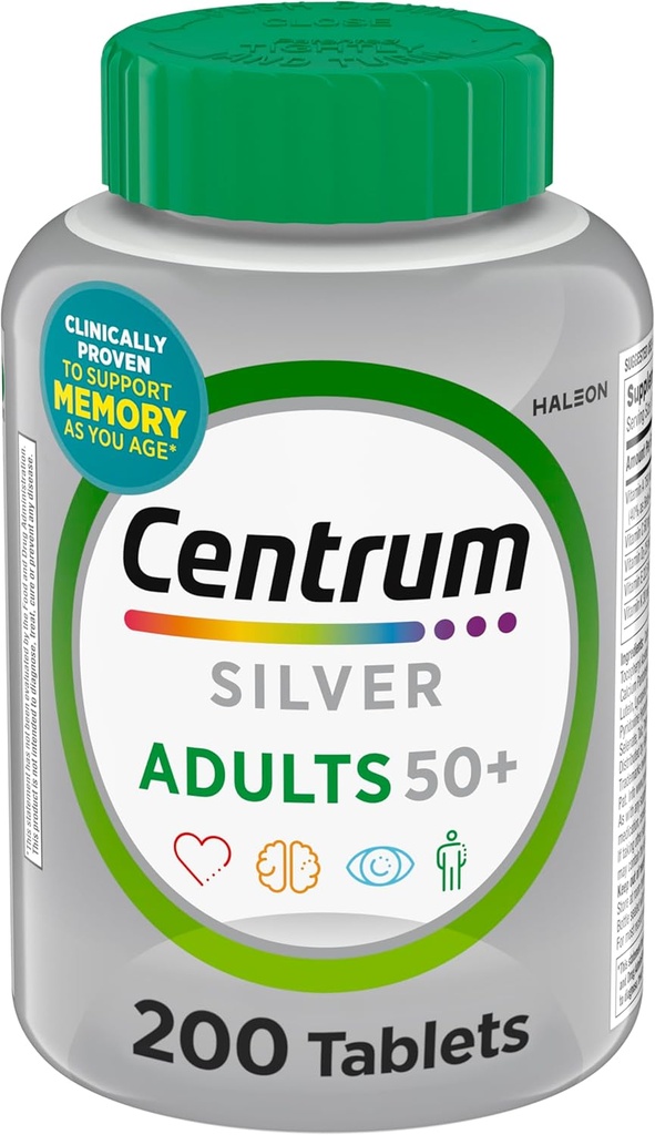 Multivitamine d'argent centrum pour adultes 50 Plus, Supplément multivitamine/multiminérale, vitamine D3, vitamine B, sans gluten, ingrédients non OGM, soutient la mémoire et la cognition chez les adultes âgés - 220 Ct