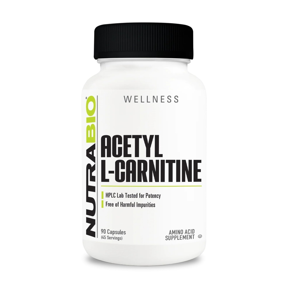Supplément NutraBio acétyl L-Carnitine (ALCAR), 500mg - Soutenir la production d'énergie naturelle, la gestion métabolique et la santé globale, 90 Capsules
