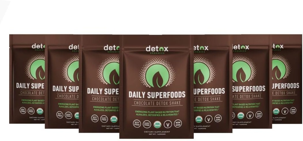 Detox Organics Chocolate Superfood Powder, Detox Cleanse for Your Body, Bloating Relief, Immune Support Supplement Smoothie Detox Mix, Greens Blend Superfood, Low Carb, Vegan (7 Day Detox Packets)