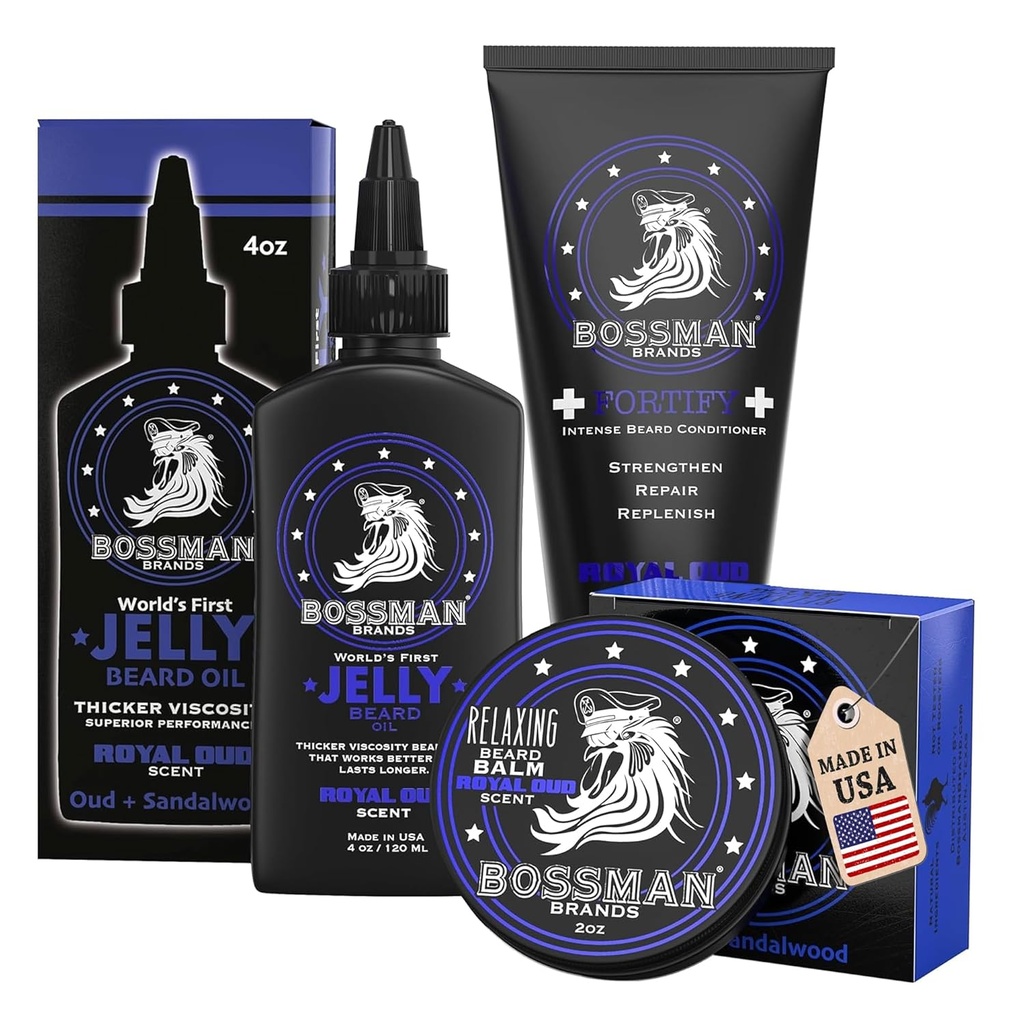 Bossman Essentials Beard Kit pour hommes, Ensemble de 3 - Jelly d'huile de barbe, Crème de revitalisant fortifiante, Baume de barbe - Grooming Growth Care Accessoires - Ensemble cadeau pour hommes (Royal Oud)