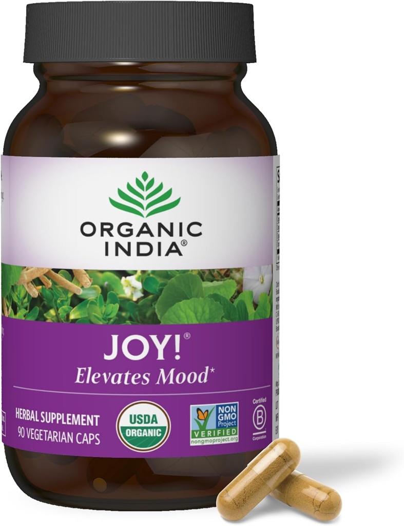 INDE ORGANIQUE Supplément à base de plantes Joy - Immune Support, favorise la mémoire et la concentration, végétalien, sans gluten, casher, USDA certifié biologique, non OGM, calmant - 90 capsules