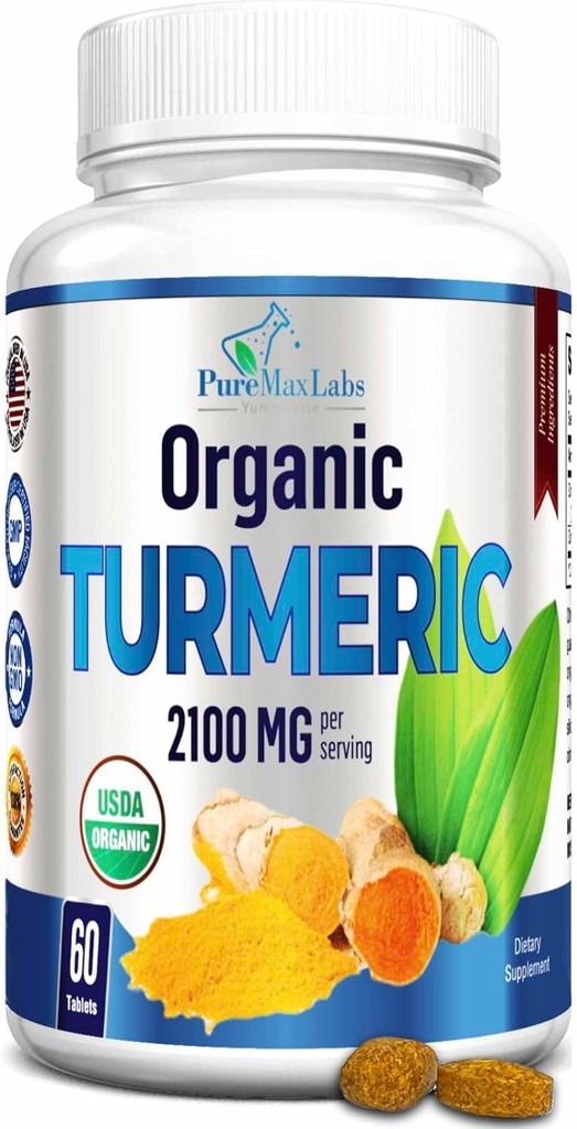 Turcuma biologique - 2100mg USDA Curcuma curcuma biologique avec poivre noir, végétalien - 60 comprimés