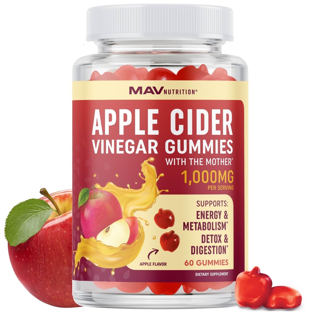 Gommies de vinaigre de cidre de pomme biologique pour la digestion, la désintoxication et la santé de la fonction immunitaire Soutien à 1000MG vinaigre de cidre de pomme par portion avec la mère, vitamine B6, B12 et folate