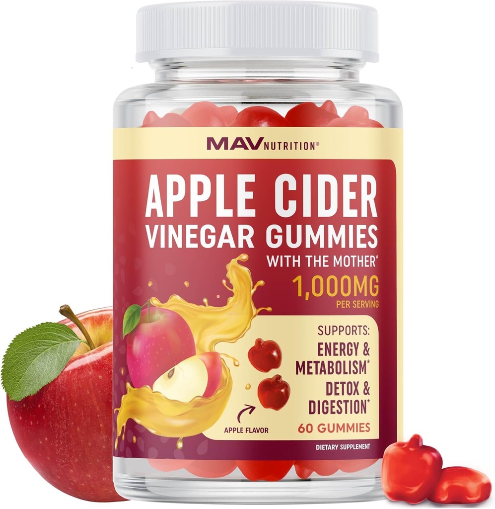 Gommies de vinaigre de cidre de pomme biologique pour la digestion, la désintoxication et la santé de la fonction immunitaire Soutien à 1000MG vinaigre de cidre de pomme par portion avec la mère, vitamine B6, B12 et folate