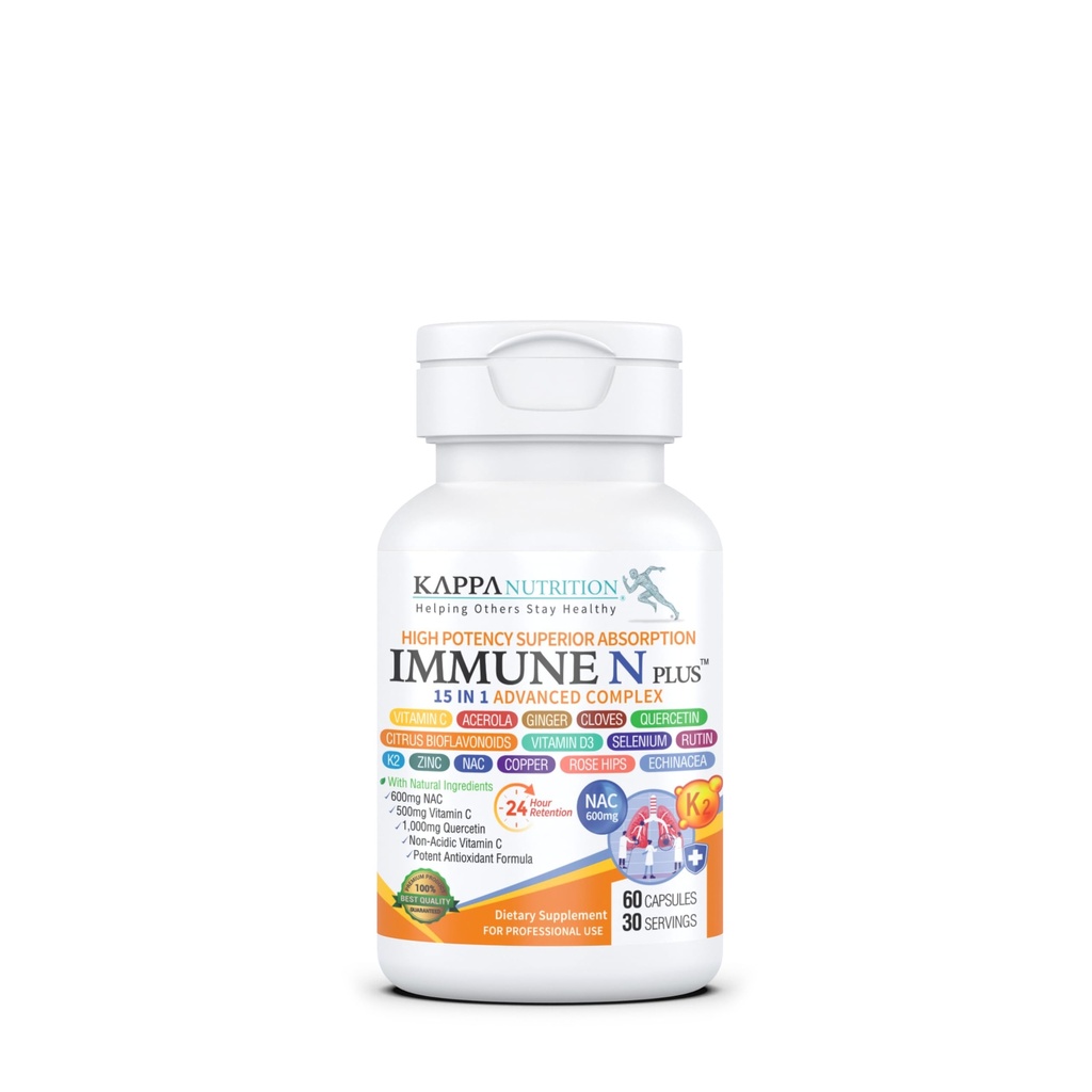 (60 gélules), NAC 600mg, Quercetine 1000mg, Vitamine C 500mg, Zinc 50mg, Vitamine D3 5 000iu, Sélénium, Cuivre, Acerola, Ginger, Rutin, Citrus Bioflavonoïdes, Rose Hips, Echinacea, Immune N Plus 15 in 1