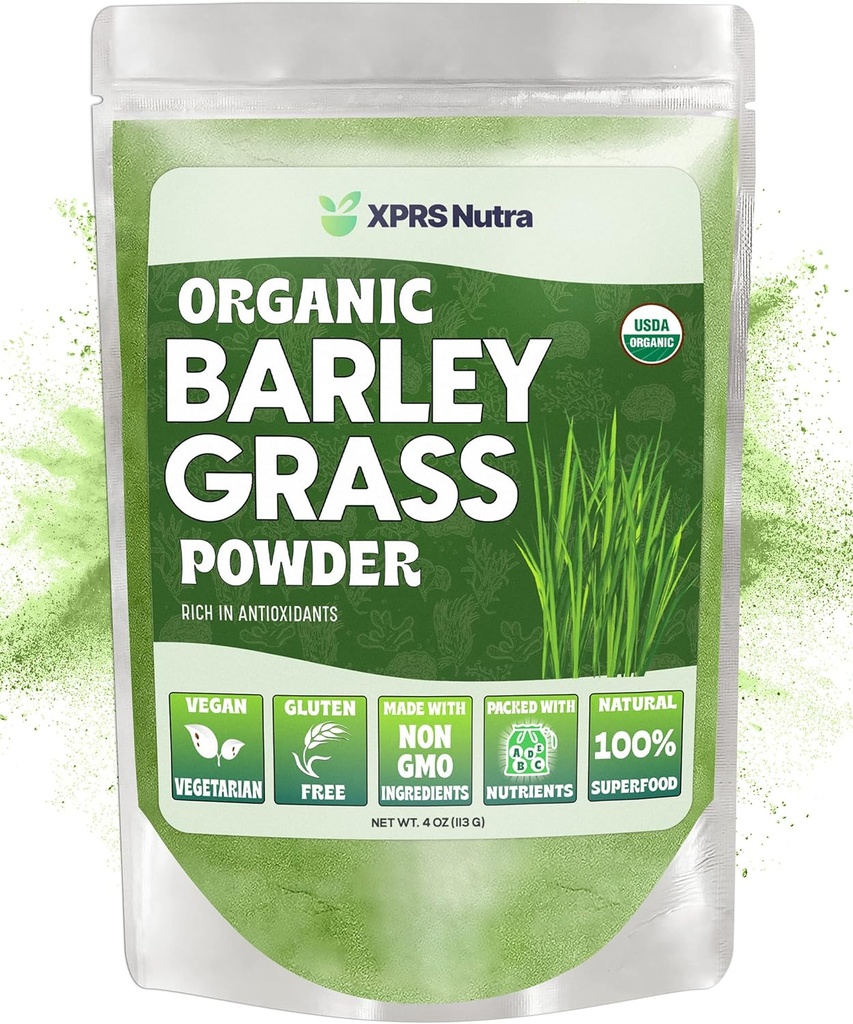 XPRS Nutra Organic Barley Grass Powder - 4 Ounce Premium Barley Powder Rich in Antioxidants, Amino Acids and Protein - Barley Green Superfood for Immunity