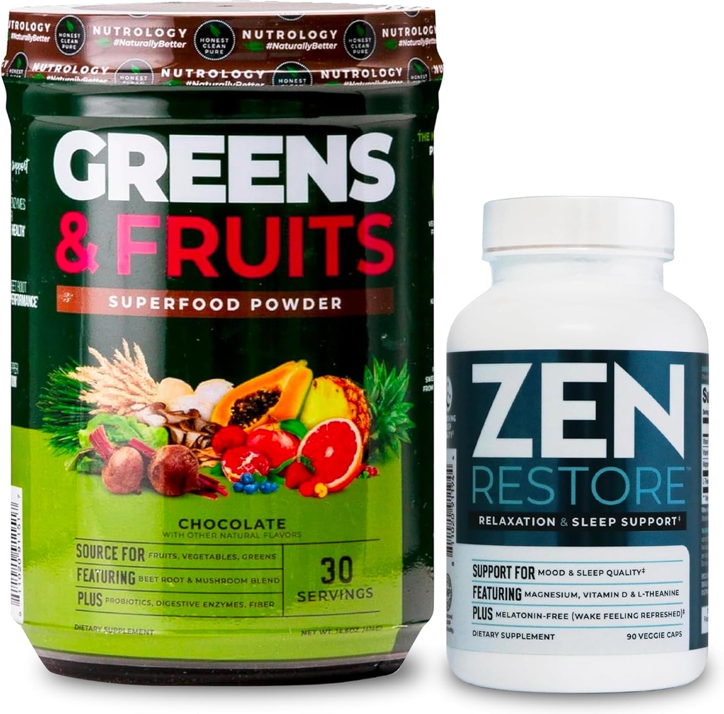 Nutrologie Greens & Fruits Superfood, Chocolat (30 portions) Supplément de magnésium naturel Zen (30 portions)