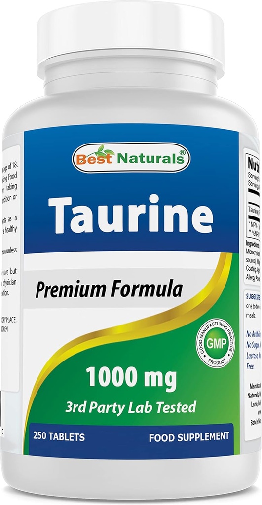 Meilleurs naturels Taurine 1000 mg 250 comprimés - Soutient la santé oculaire, l'activité cellulaire saine et la santé cardiovasculaire