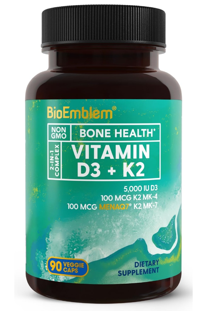 BioEmblem Vitamine D3 K2 Capsules (5000UI et 200mcg) - Breveté MK7 et MK4 pour support complexe 3-en-1 - Vitamine végétale D K2 Supplément pour dents, coeur, système immunitaire - non-OGM, 90 capsules