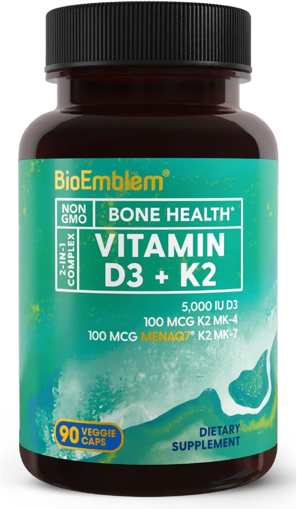 BioEmblem Vitamine D3 K2 Capsules (5000UI et 200mcg) - Breveté MK7 et MK4 pour support complexe 3-en-1 - Vitamine végétale D K2 Supplément pour dents, coeur, système immunitaire - non-OGM, 90 capsules