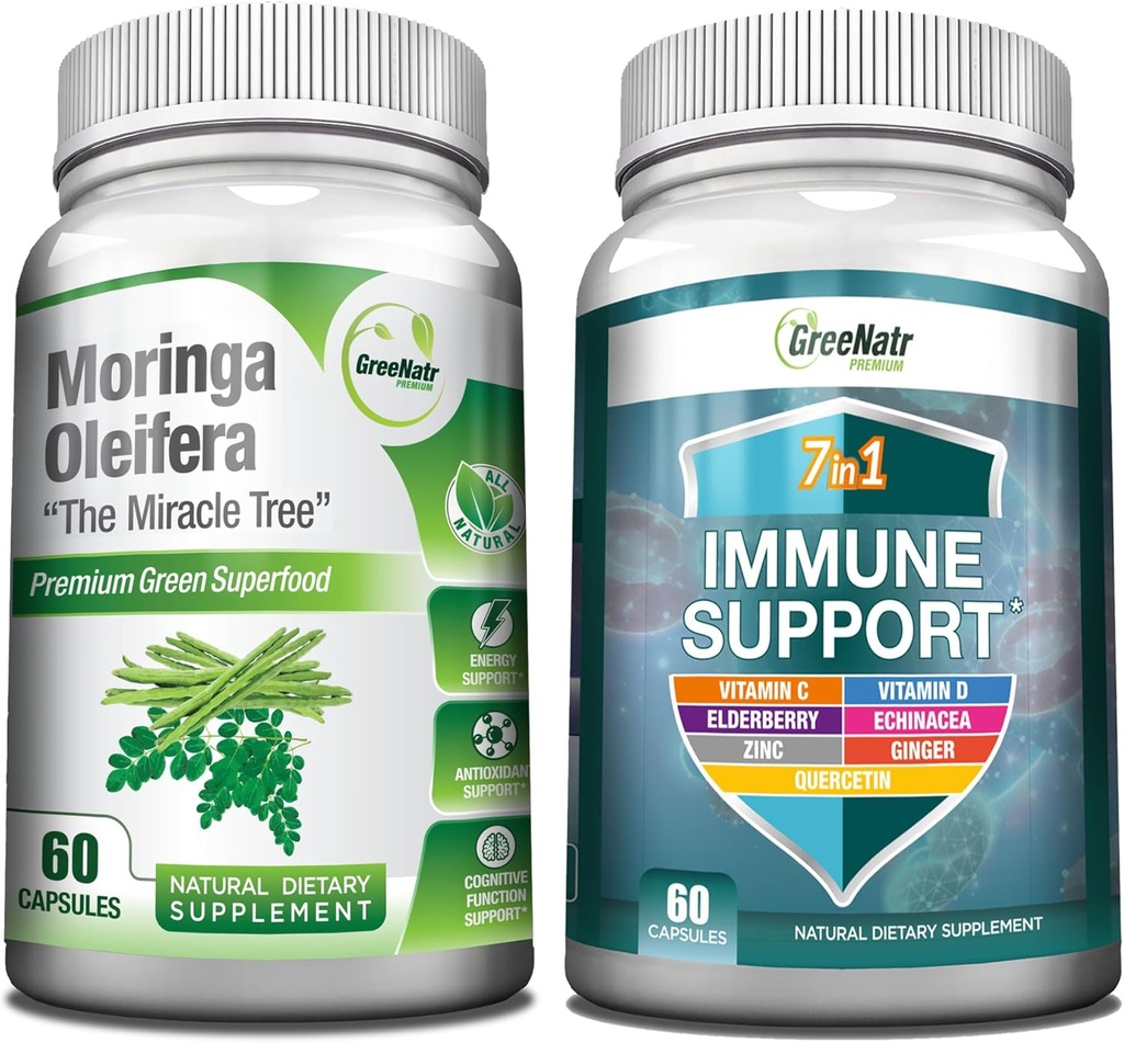GreeNatr Energy Support & Immune Defense Bundle: Pure Moringa Oleifera Leaf Extract Gélules de légumes (1000 mg) avec 7-en-1 Immune Support Formula for Energy, Mood, Memory, Focus