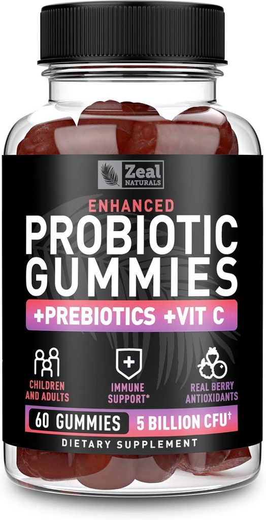 Probiotic Gummies for Adults and Kids (60 Count | 5 Billion CFU) w/Organic Berry Antioxidants & Vitamin C for Immune Support and Digestion gummy- Prebiotics and Probiotics for women Gummies