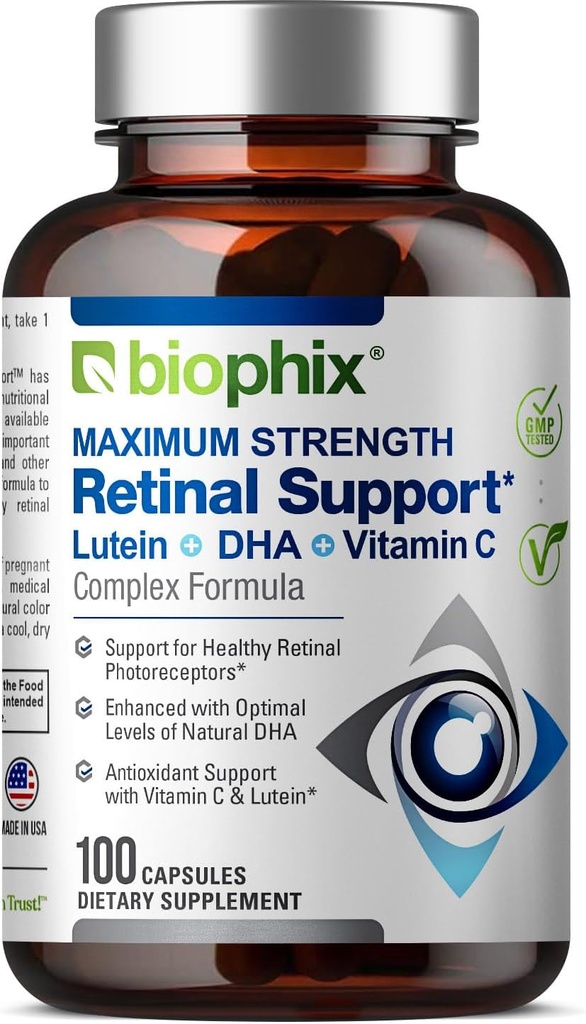 biophix Soutien rétinien à la concentration maximale complexe Formule 100 Capsules - Zinc Vitamine C E Lutéine DHA Omega-3 Astaxanthin Acide hyaluronique - soutient la vision oculaire Santé