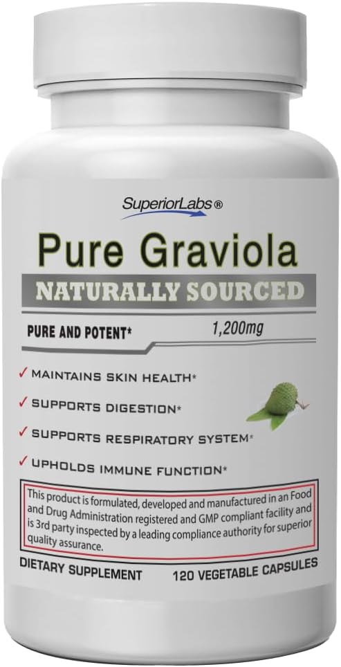Superior Labs Graviola 1200mg, pur naturel non-OGM antioxydant, immunitaire et soutien respiratoire, favorise la santé de la peau, la croissance cellulaire et l'humeur équilibrée, extrait de haute puissance, 120 capsules veg