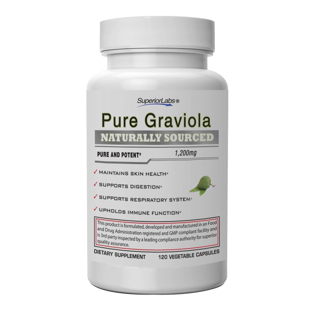 Superior Labs Graviola 1200mg, pur naturel non-OGM antioxydant, immunitaire et soutien respiratoire, favorise la santé de la peau, la croissance cellulaire et l'humeur équilibrée, extrait de haute puissance, 120 capsules veg