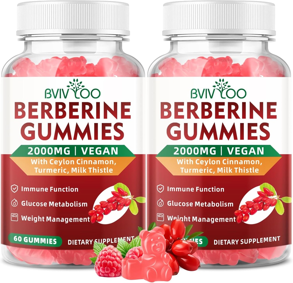 2 Packs Berberine Gummies, 2000mg Supplément Berberine HCI haute puissance, plus Ceylan cannelle, chardon de lait pour les femmes et les hommes, système immunitaire et soutien au métabolisme - 120 Gummies