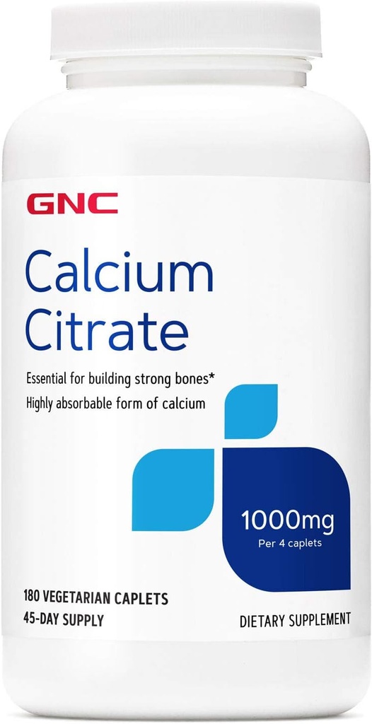 GNC Citrate de calcium 1000mg, essentiel pour construire des os forts, 180 Caplets végétariens