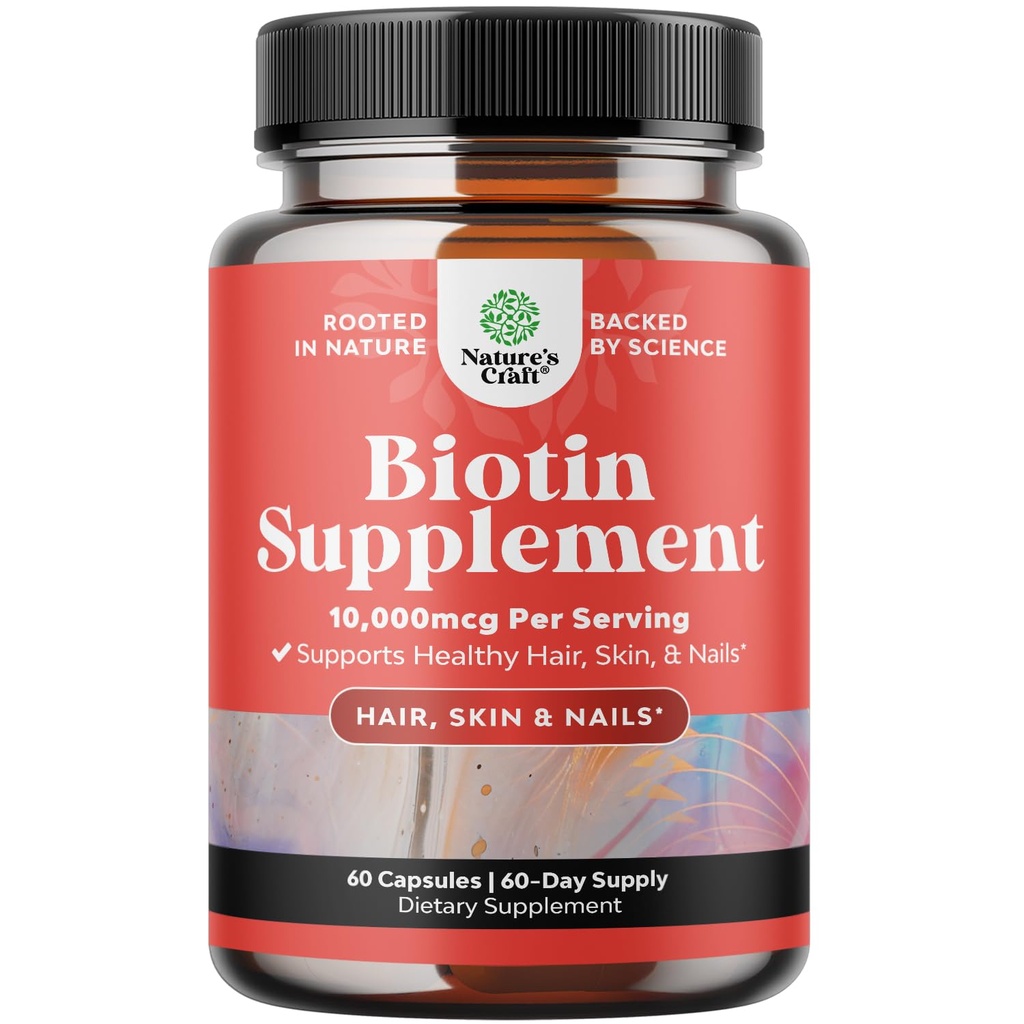 Natures Craft 10000 mcg Pilules de biotine pure pour les femmes hommes - Promote les cheveux plus épais et plus pleins. Supplément naturel pour la croissance des cheveux brillants et épais - Capsules végétariennes de vitamine - Effacer la peau