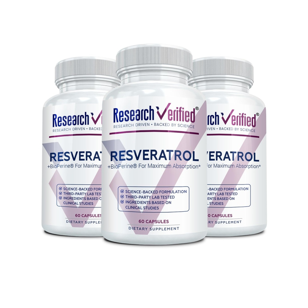 Recherche Vérifié Resvératrol - 98% Trans-Resvératrol 1000 mg, Anti-Age Support - 60 capsules par bouteille - 3 bouteilles