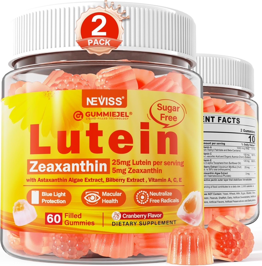 2 Pack Lutéine et Zeaxanthine Suppléments Gommies (25mg) Vitamines A, C, E, Bilberry, Astaxanthine - Huile de coco pour une meilleure absorption - pour les adultes et les adolescents Vision, oeil, cerveau, peau - végétalien, sans sucre