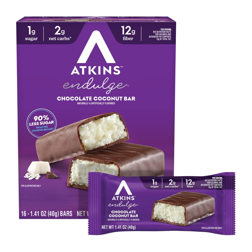 Atkins Endulge chocolat au chocolat barre aromatisée de noix de coco, traitement à faible teneur en sucre, haute en fibre, 16 comte