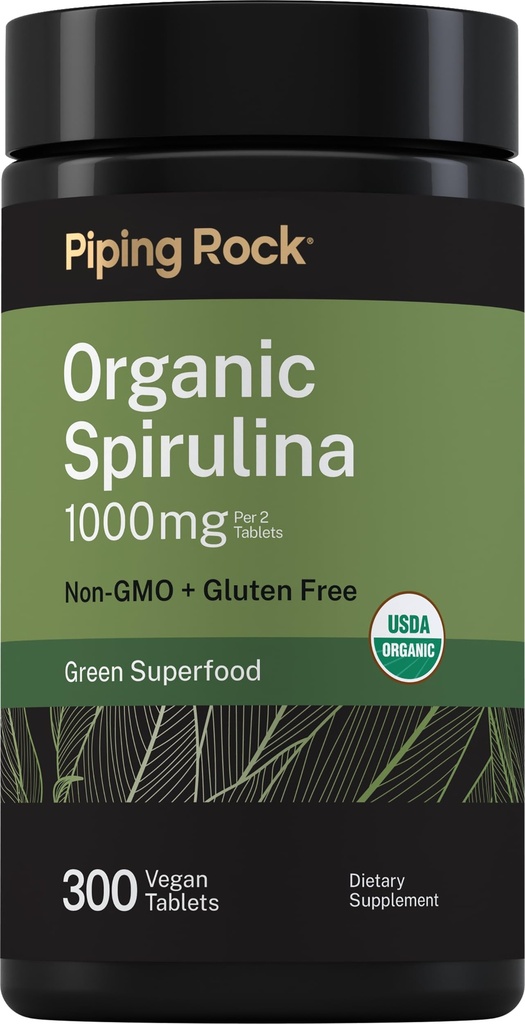 Piping Rock Spirulina biologique $ 1000mg $ 300 Comprimés $ Arthrospira Platensis $ Végétarien, Non-OGM, Supplément sans gluten