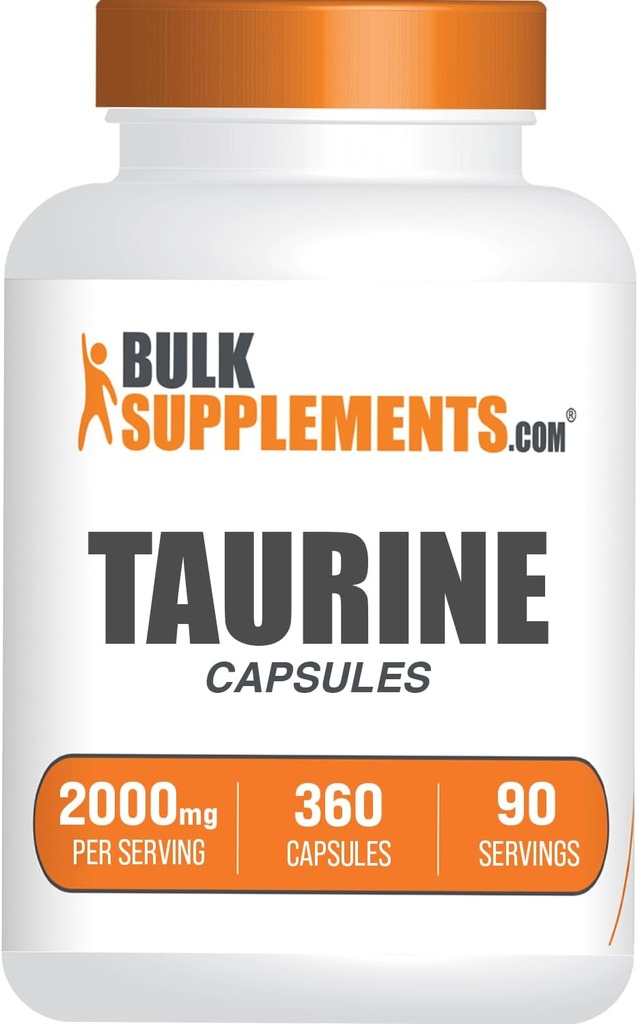 BulkSupplements.com Capsules Taurine - Supplément Taurine, Taurine 2000mg, Acides aminés pour la santé cardiaque, pilules Taurine - Sans gluten, 4 gélules Taurine 500mg par portion (2000mg), 360 gélules