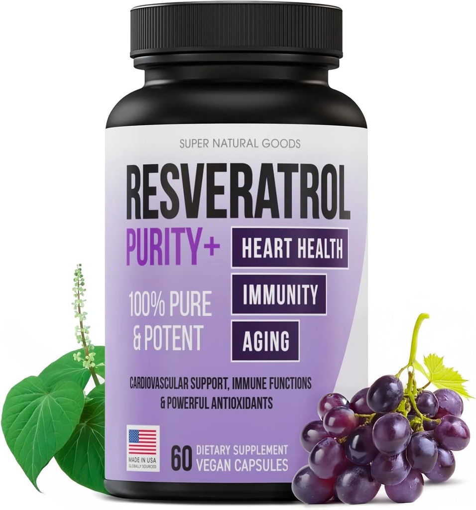 Trans-Resveratrol Supplément antioxydant hautement purifié et biodisponible pour une activation unique SIRT1 - Promouvoir la réparation cellulaire, la longévité, le cerveau, le coeur, l'ADN - 60 capsules