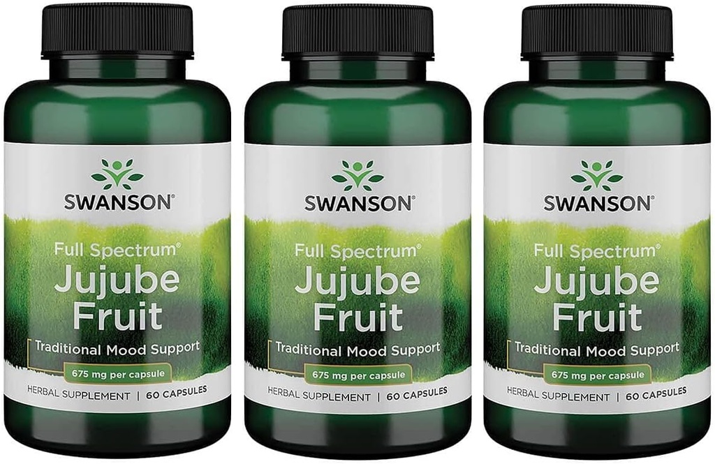 Swanson Jujube Fruit - Supplément à base de plantes à spectre complet Promouvoir un esprit calme et détendu - Formule naturelle soutenant le stress et le soutien de l'humeur - (60 capsules, 675mg chacune) 3 Pack