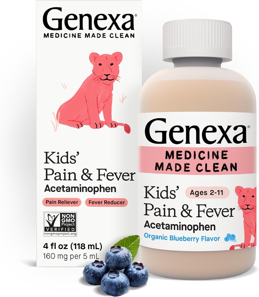 Genexa acétaminophène pour enfants Douleur et fièvre Suspension buvable - 4 oz - Pour les enfants de 2 à 11 ans, soulage temporairement les symptômes de douleur et de fièvre, 160 mg par 5 mL- Arôme de bleuet biologique