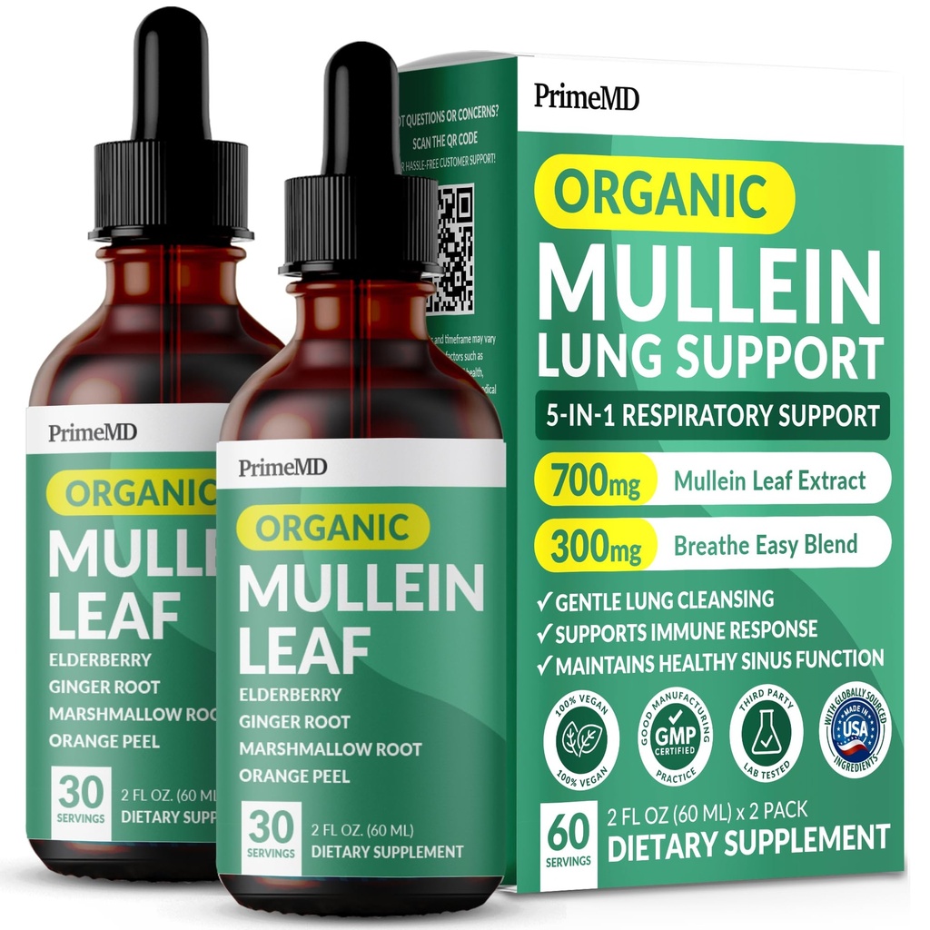 5-en-1 gouttes de Mullein pour les poumons et les bronches - Soutien respiratoire pour la santé pulmonaire avec extrait de Mullen Leaf pour les poumons - Teinture de Mullein avec des racines de mûre, d'échinacée et de gingembre (60 portions) (2-pack)