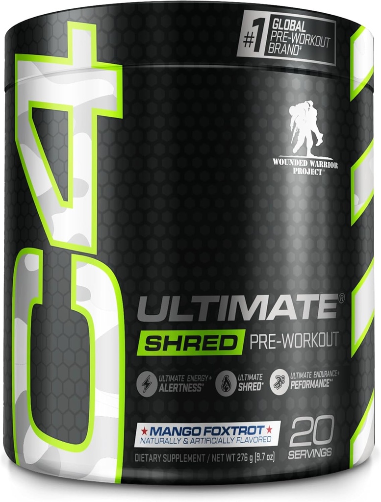 Cellucor C4 Ultimate Shred x Wounded Warrior Project pré-entraînement poudre, brûleur de graisse pour les hommes et les femmes, supplément de perte de poids avec extrait de racine de gingembre, Mango Foxtrot, 20 portions (paquet de 1)