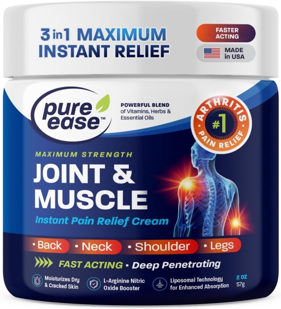 Arthritis Pain Relief Cream for Back 3 in 1 Maximum Instant Relief 2 OZ - Fast-Acting Muscle Pain Cream Extra Strength Joint & Knee - Powerful Formula for Neck Shoulder & Lower Back