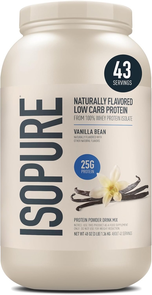 Isopure faible carb 100% pur poudre de protéines de lactosérum, sans gluten, avec vitamines, vanille, 25g de protéines par portion, 3 Lb, 40 portions (paquetage mai Vary)
