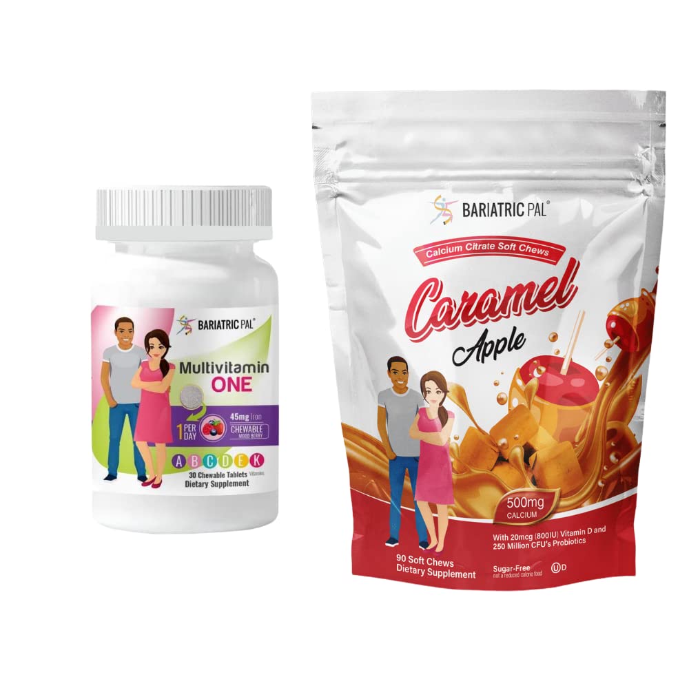 BariatricPal 30-Day Bariatric Vitamine Bundle (Multivamine ONE 1 par jour! avec 45mg de fer à mâcher - Mélange de baies et de citrate de calcium à mâcher 500mg avec probiotiques - pomme de caramel)