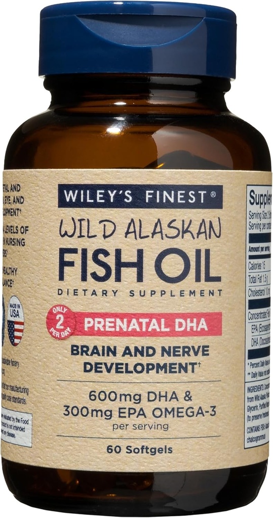 Wiley's Finest Wild Alaskan Fish Oil DHA prénatal - 900mg EPA et DHA Omega-3 pour les femmes enceintes et les mères allaitantes - 60 Softgels (30 portions de vitamines prénatales)