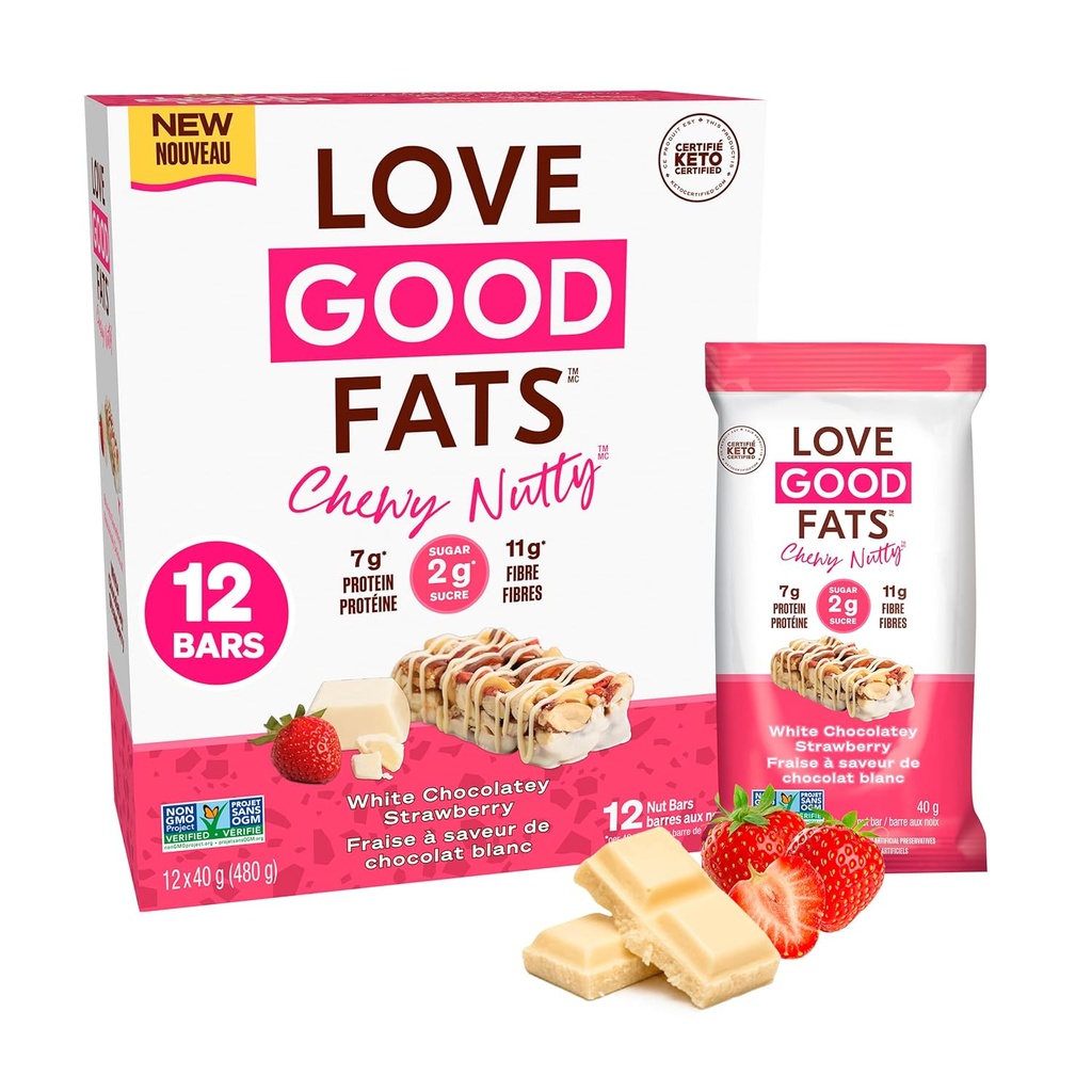 Love Good Fats Chewy Nutty White Chocolatey Strawberry Keto Bars - Snacks de protéines à faible teneur en glucides - 12 packs (1,59oz / 45g par bar)