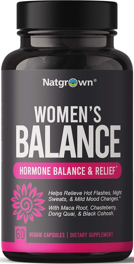 Natgrown Hormone Balance for Women PMS & Menopause Supplement for Fertility Hormonal & Menstrual Support, Helps Relief Hot Flashes - Maca Root, Vitex, Dong Quai & Black Cohosh Complex -Vegan Capsules
