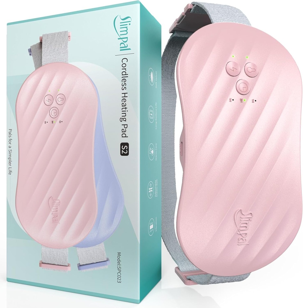 Slimpal AI Pad de chauffage portable pour les crampes d'époque, puce de chaleur AI intelligente, ceinture de chauffage électrique sans fil pour le dos, Belly, taille, Estomac, Menstruel Portable Pad de chauffage Cadeaux pour filles femmes Son rose S2