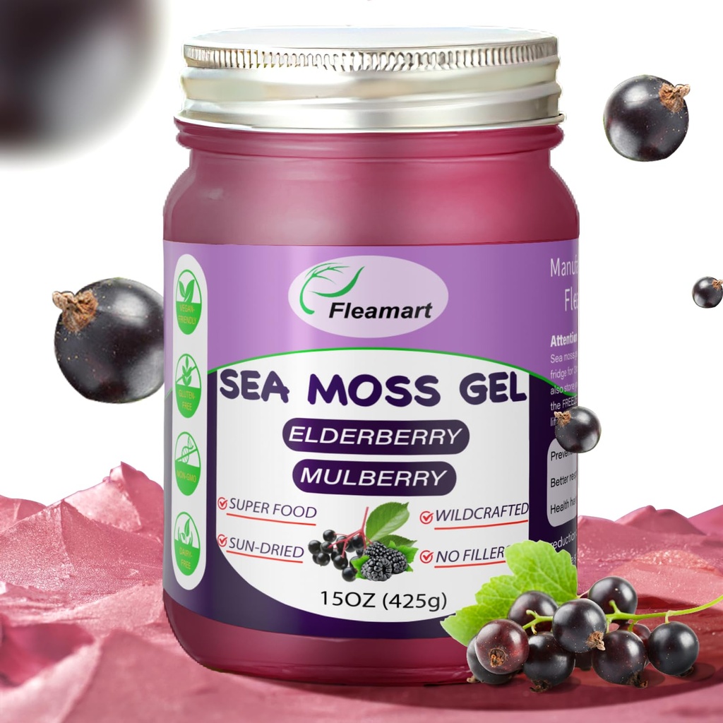 Gel de mousse de mer - Natural Wildcrafted Irish Sea Gel de mousse de mer non-OGM, Arôme de mûre aînée 15 OZ