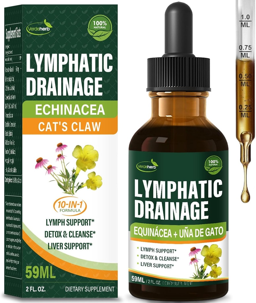 Cleavers gouttes de drainage lymphatiques améliorer le nettoyage du système de détox, Echinacea, Thistle de lait, Cats Griffe, Turmeric, Dandélion, Burdock Immune Supplément de soutien. 2oz